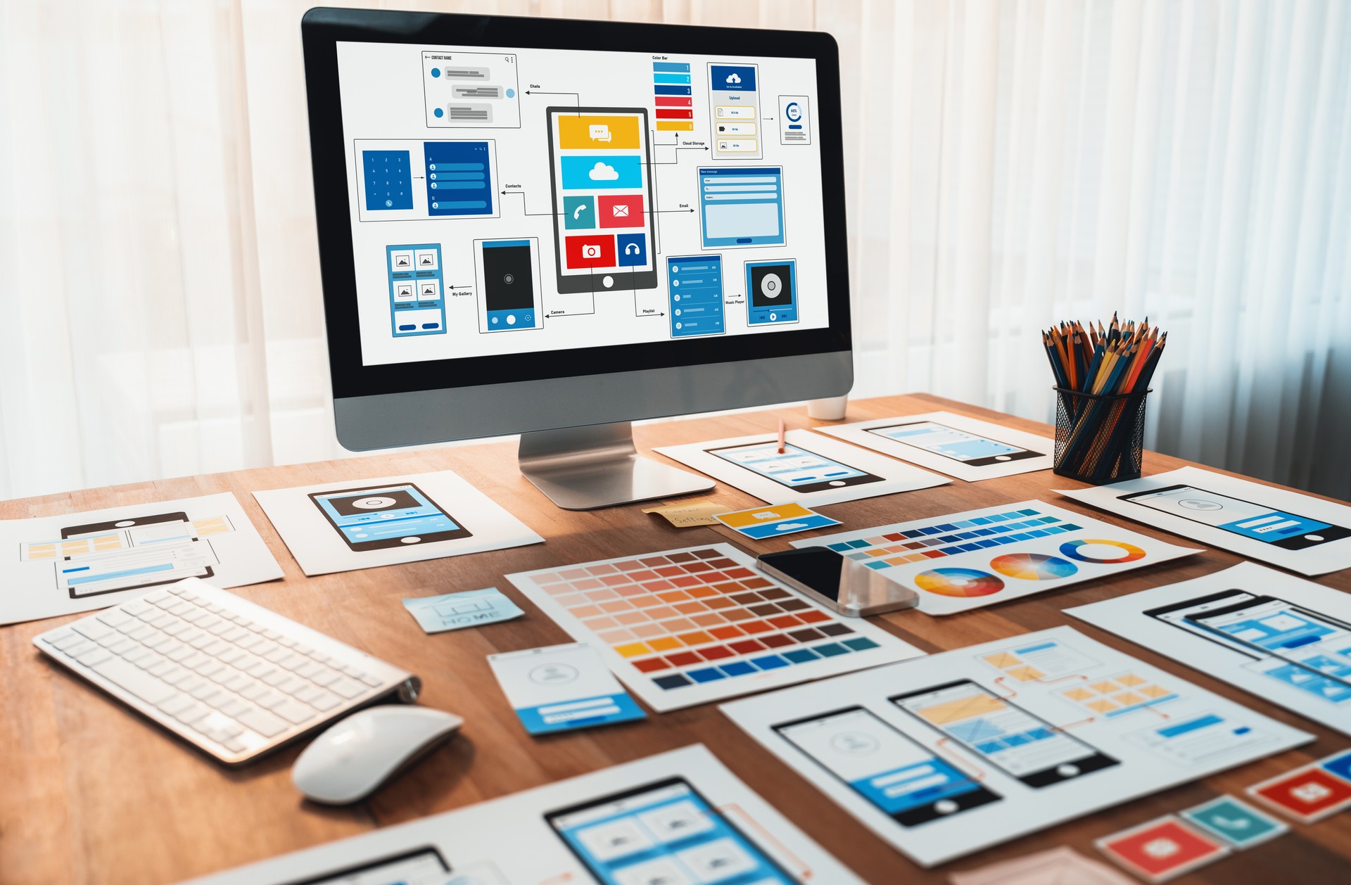 Digital wireframe design for web or mobile app UI on laptop. Scrutinize